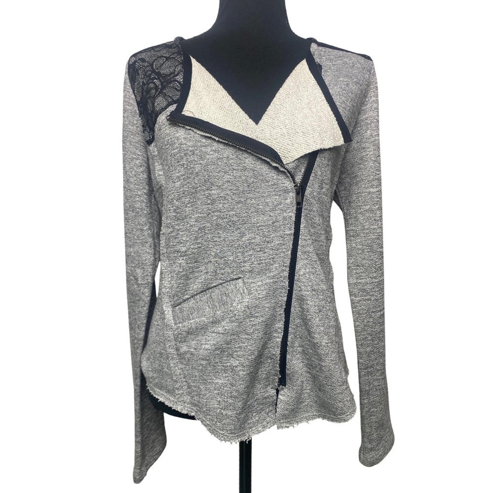 Dolan T-Shirt Grey Moto Jacket Black Lace Inset Asymmetrical Zip Raw Hem Medium